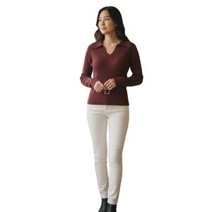 Hilliard & Hanson‎ Burgundy Ribbed Knit Belted V Neck Sweater Size S